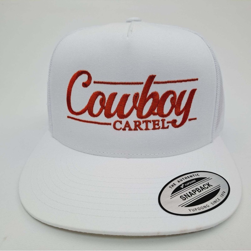 Cowboy Cartel Flat Bill Mesh Snapback Direct Embroidered Cap Hat White